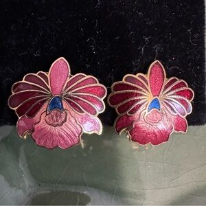 Cloisonne Orchid Gold Clip On Earrings